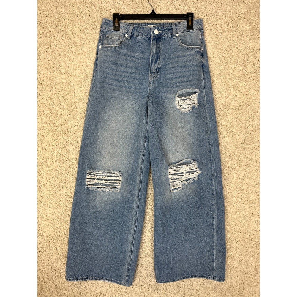 Almost Famous Wide Leg Jeans Womens 9 Denim Distressed Grunge Skater Festival